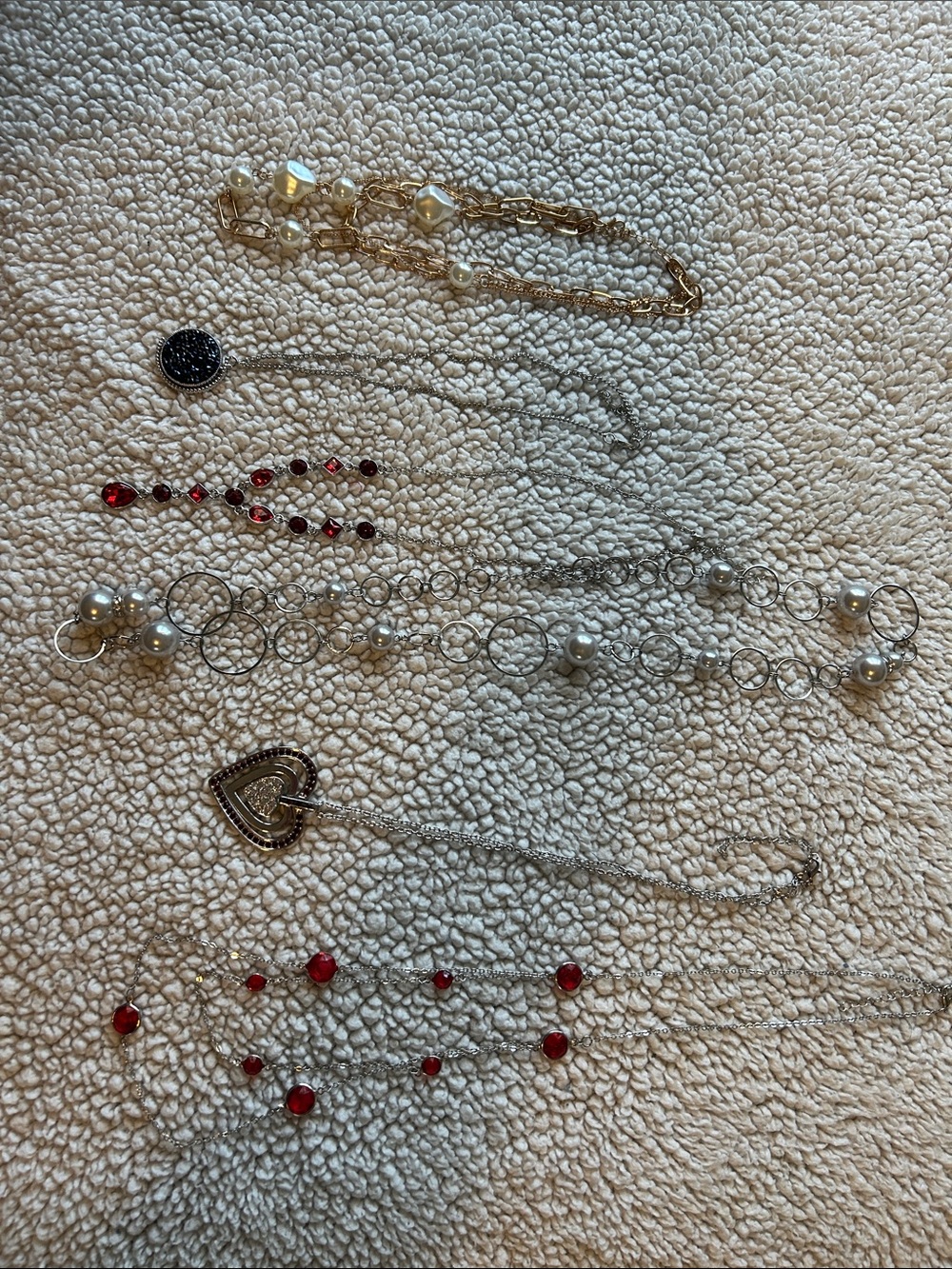 Elegant Multi-Pendant Women's Necklace Set in Gold, Silver, Pearl & Red